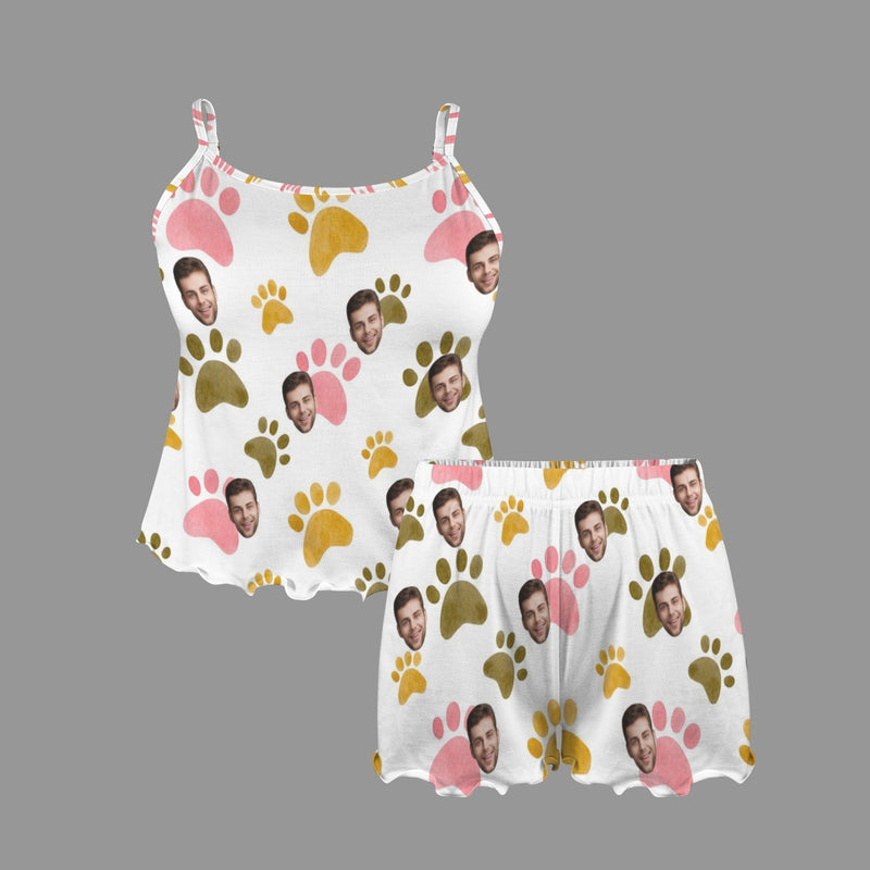 Custom Women's Frill Hem Cami Pajama Sets Personalized Dog Paw Photo Nightwear Set