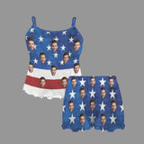 Custom Women's Frill Hem Cami Pajama Sets Personalized US Flag Photo Nightwear Set