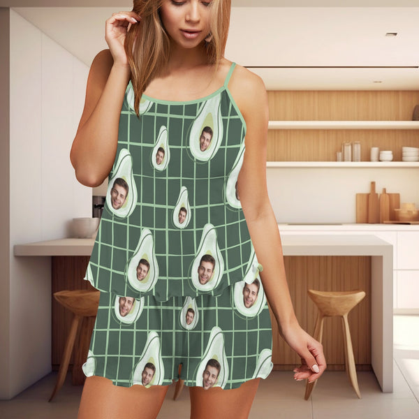 Custom Women's Frill Hem Cami Pajama Sets Personalized Avocado Photo Nightwear Set