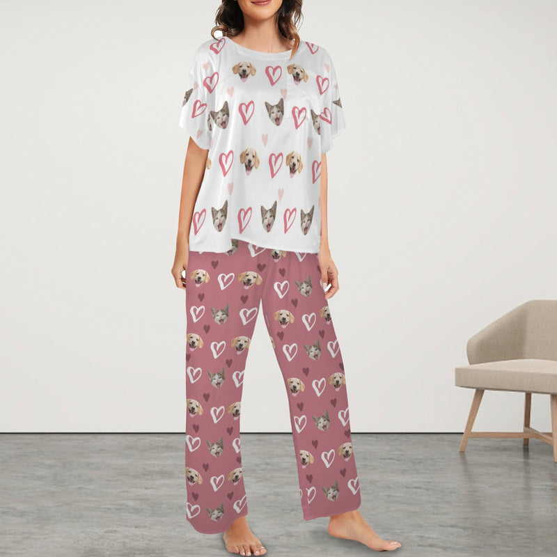 Custom Women's Pocket Short Sleeve&Long Pants Pajama Sets Personalized Face Heart Nightwear Set