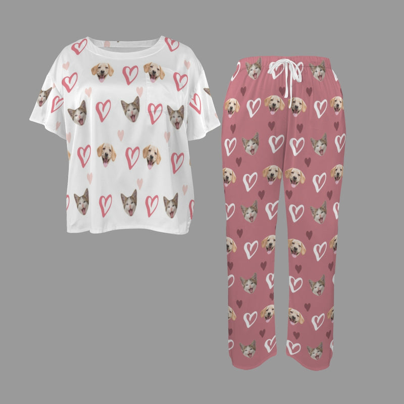 Custom Women's Pocket Short Sleeve&Long Pants Pajama Sets Personalized Face Heart Nightwear Set