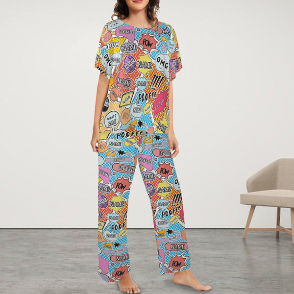 Custom Women's Pocket Short Sleeve&Long Pants Pajama Sets Personalized Name Colorful Nightwear Set