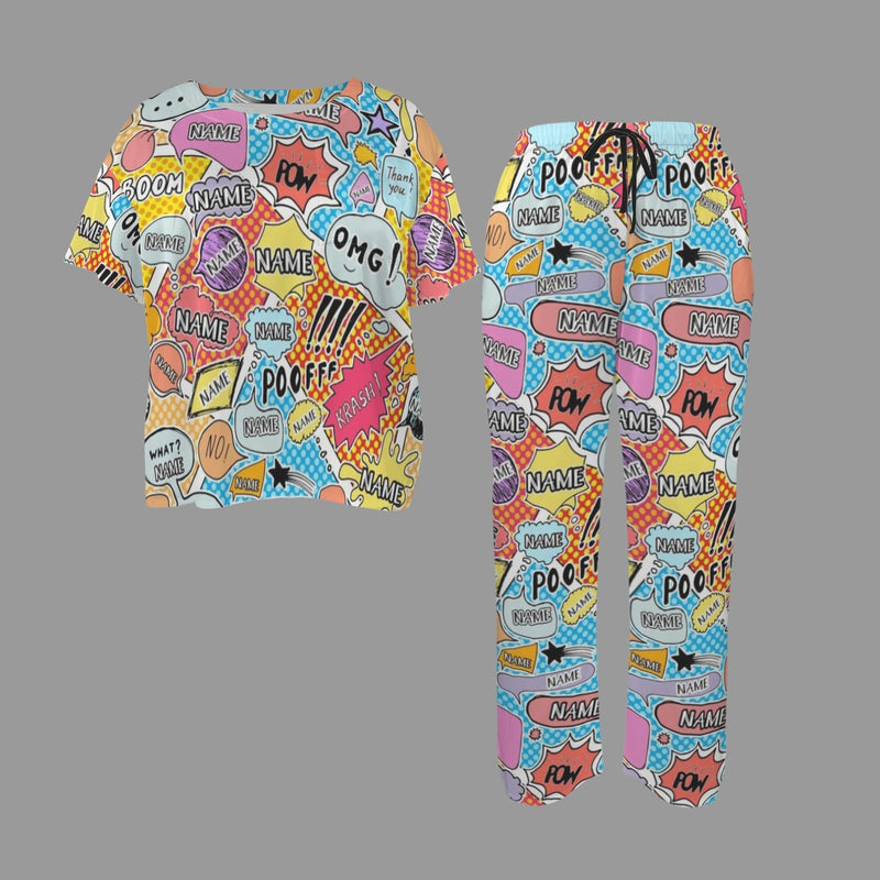 Custom Women's Pocket Short Sleeve&Long Pants Pajama Sets Personalized Name Colorful Nightwear Set