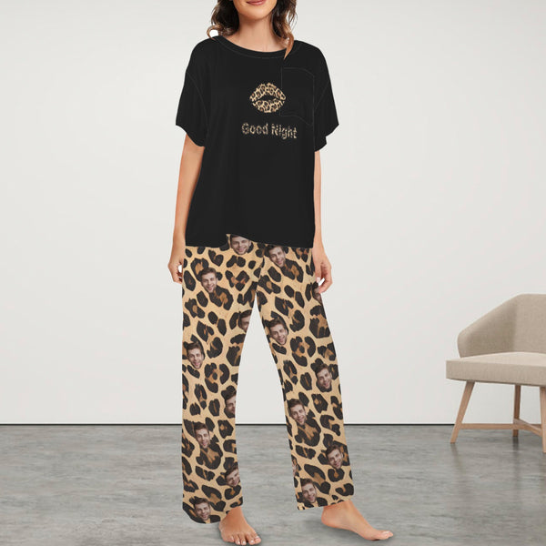 Custom Women's Pocket Short Sleeve&Long Pants Pajama Sets Personalized Leopard Black Top Pajama Sets Nightwear