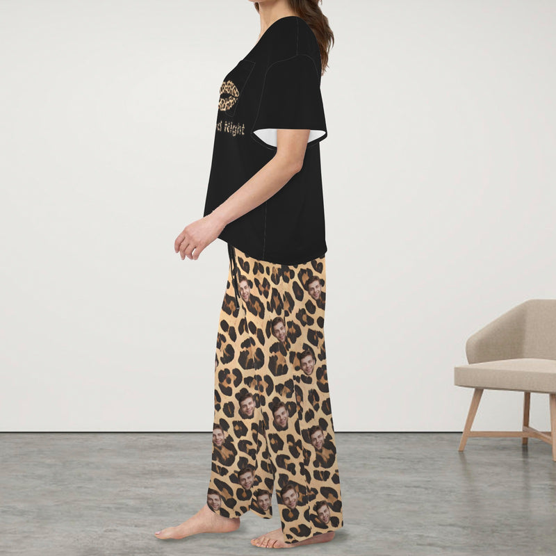 Custom Women's Pocket Short Sleeve&Long Pants Pajama Sets Personalized Leopard Black Top Pajama Sets Nightwear