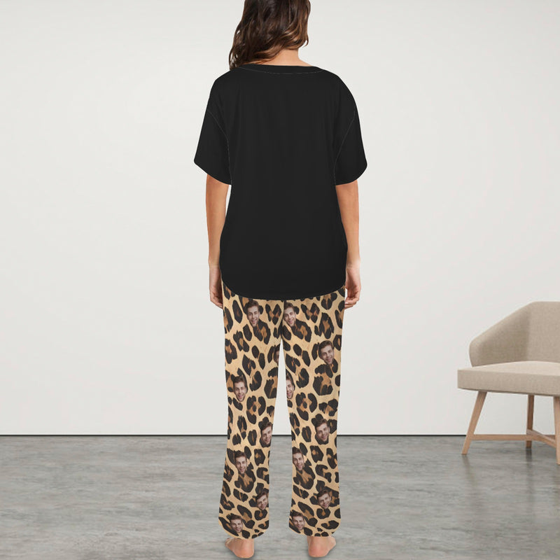 Custom Women's Pocket Short Sleeve&Long Pants Pajama Sets Personalized Leopard Black Top Pajama Sets Nightwear