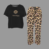 Custom Women's Pocket Short Sleeve&Long Pants Pajama Sets Personalized Leopard Black Top Pajama Sets Nightwear