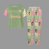 Custom Women's Pocket Short Sleeve&Long Pants Pajama Sets Personalized Face&Text Heart Grid Nightwear Set