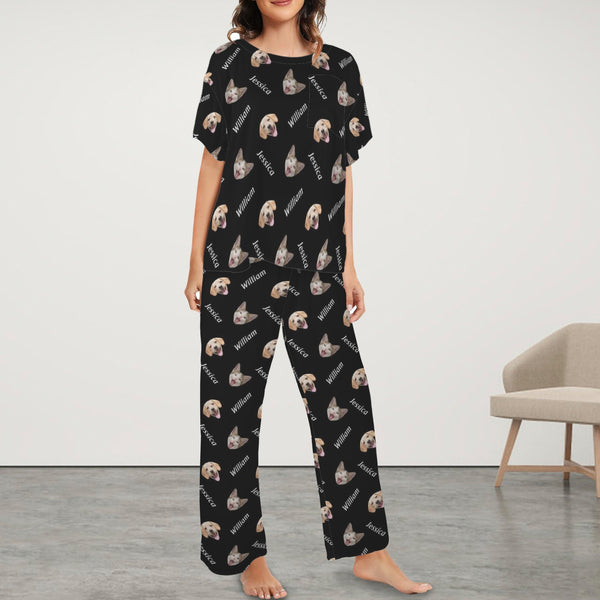 Custom Women's Pocket Short Sleeve&Long Pants Pajama Sets Personalized Two Face Name Black Nightwear Set