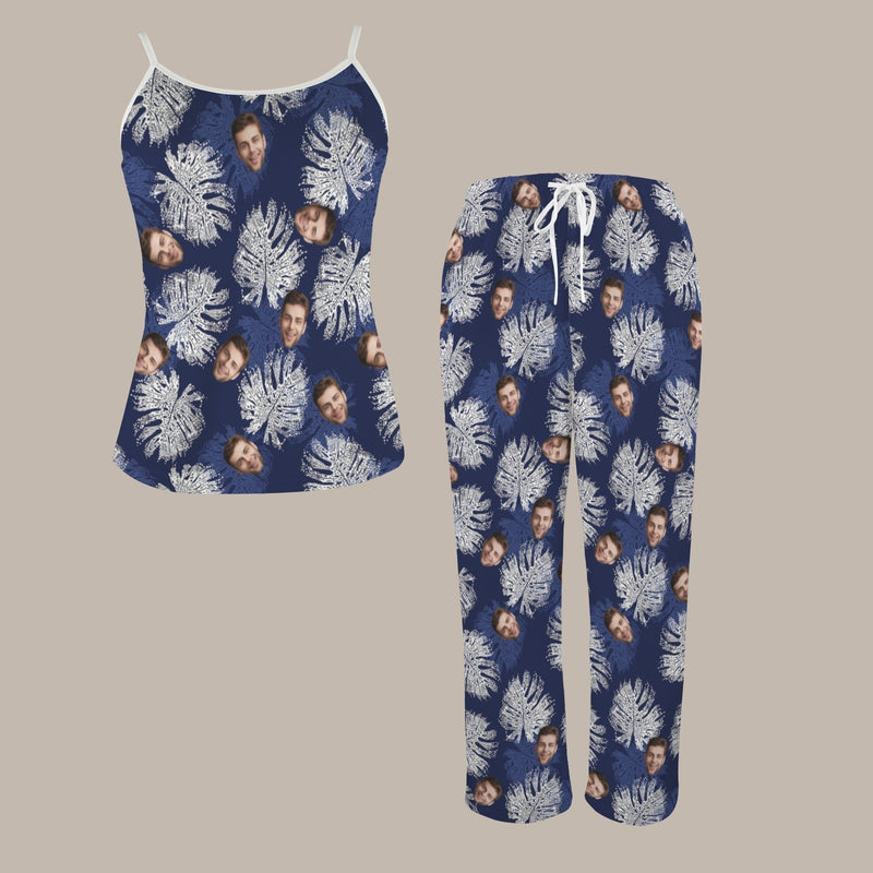 Custom Cami Top & Long Pants Pocket Pajama Sets Personalized Face Blue Women's Sleepwear