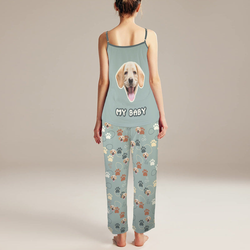 Custom Cami Top & Long Pants Pocket Pajama Sets Personalized Cute Pet Face&Text Women's Sleepwear