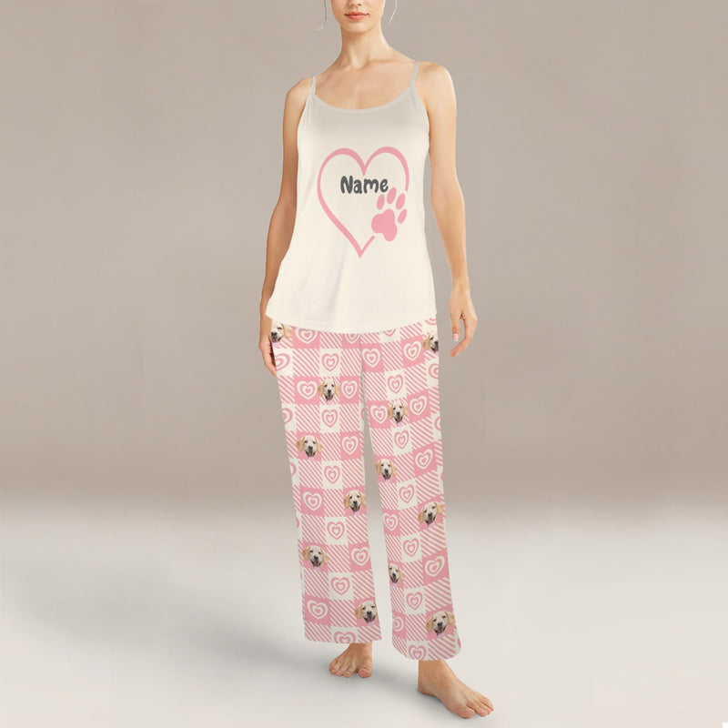 Custom Cami Top & Long Pants Pocket Pajama Sets Personalized Pink Heart Pet Face&Name Women's Sleepwear