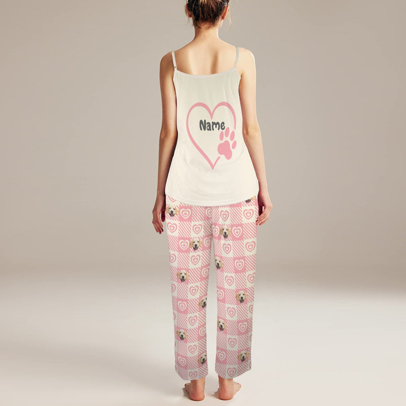 Custom Cami Top & Long Pants Pocket Pajama Sets Personalized Pink Heart Pet Face&Name Women's Sleepwear