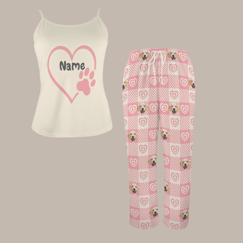 Custom Cami Top & Long Pants Pocket Pajama Sets Personalized Pink Heart Pet Face&Name Women's Sleepwear