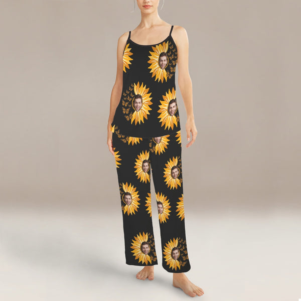 Custom Cami Top & Long Pants Pocket Pajama Sets Personalized Face On Sunflower Black Women's Sleepwear