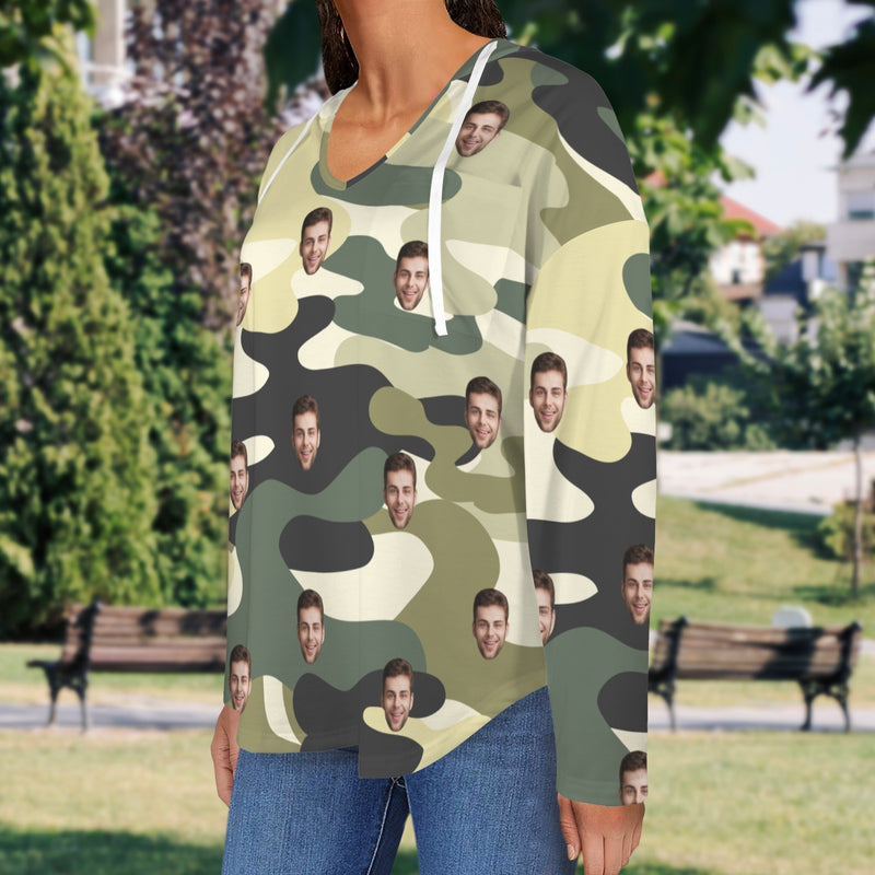 Custom Women's V Neck Long Sleeve Drawstring Pocket Pullover Hoodies Personalized Camouflage V Neck Sweatshirt