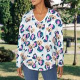 Custom Women's V Neck Long Sleeve Drawstring Pocket Pullover Hoodies Personalized Face Pink&Blue Spot V Neck Sweatshirt