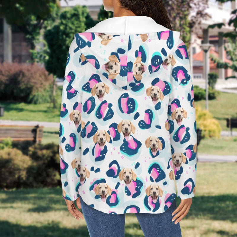 Custom Women's V Neck Long Sleeve Drawstring Pocket Pullover Hoodies Personalized Face Pink&Blue Spot V Neck Sweatshirt