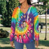 Custom Women's V Neck Long Sleeve Drawstring Pocket Pullover Hoodies Personalized Face Rainbow Colorful V Neck Sweatshirt