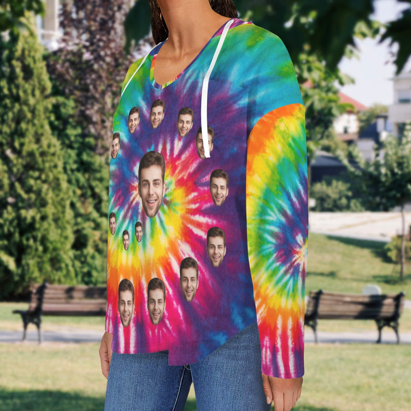 Custom Women's V Neck Long Sleeve Drawstring Pocket Pullover Hoodies Personalized Face Rainbow Colorful V Neck Sweatshirt