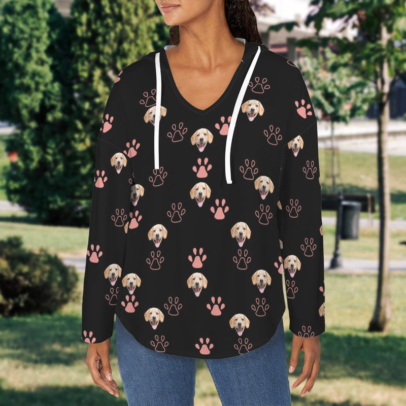 Custom Women's V Neck Long Sleeve Drawstring Pocket Pullover Hoodies Personalized Face Pet Paw V Neck Sweatshirt