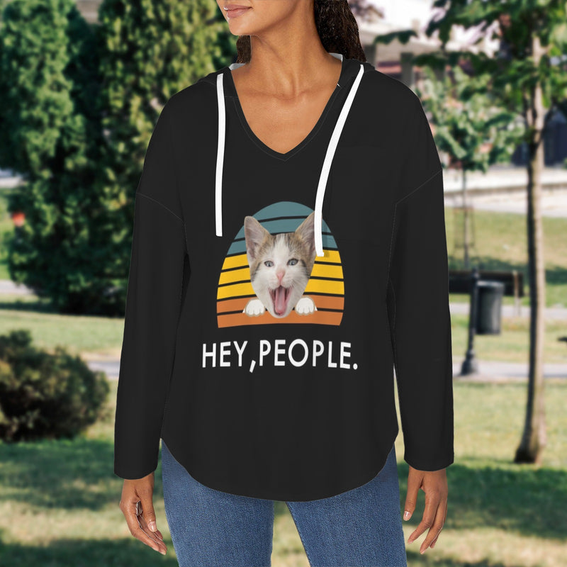 Custom Women's V Neck Long Sleeve Drawstring Pocket Pullover Hoodies Personalized Pet Face Black V Neck Sweatshirt