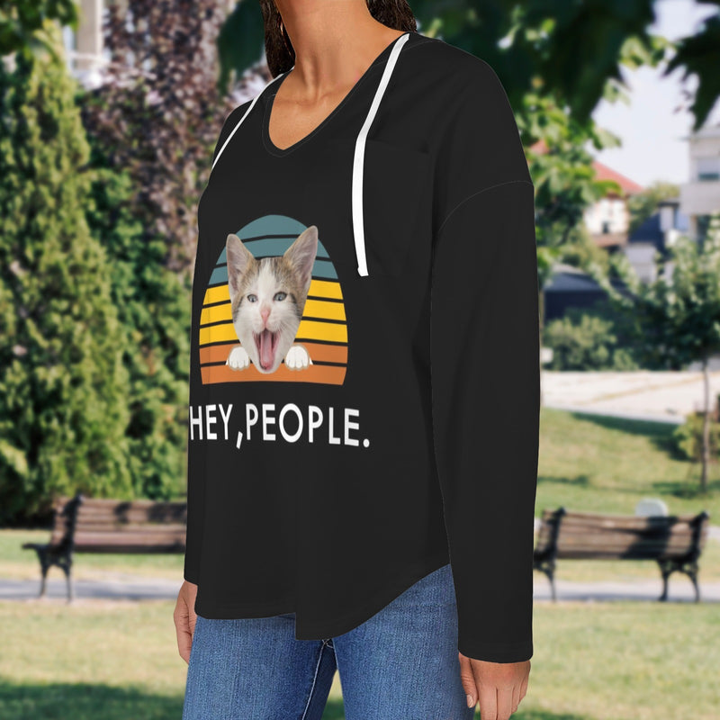 Custom Women's V Neck Long Sleeve Drawstring Pocket Pullover Hoodies Personalized Pet Face Black V Neck Sweatshirt