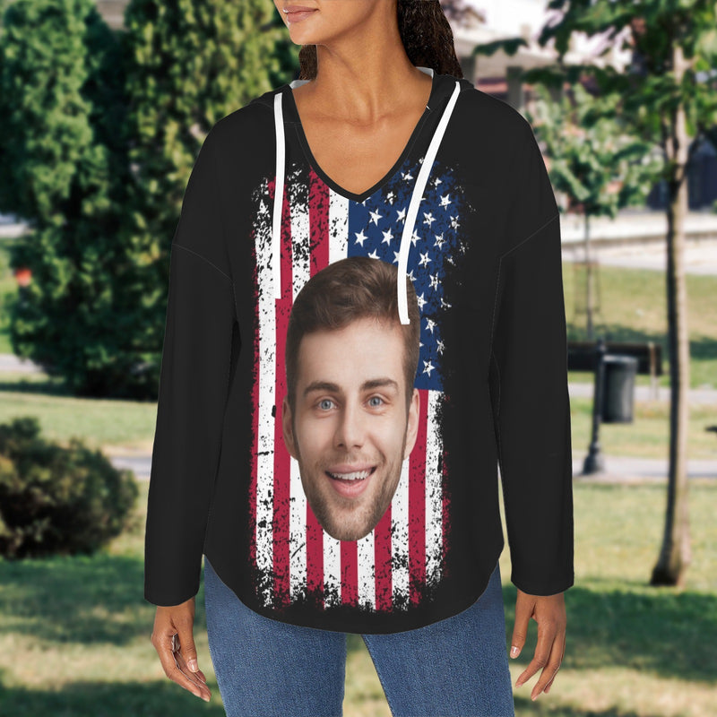 Custom Women's V Neck Long Sleeve Drawstring Pocket Pullover Hoodies Personalized Face Flag Design V Neck Sweatshirt