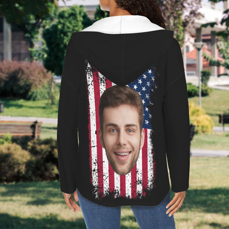 Custom Women's V Neck Long Sleeve Drawstring Pocket Pullover Hoodies Personalized Face Flag Design V Neck Sweatshirt