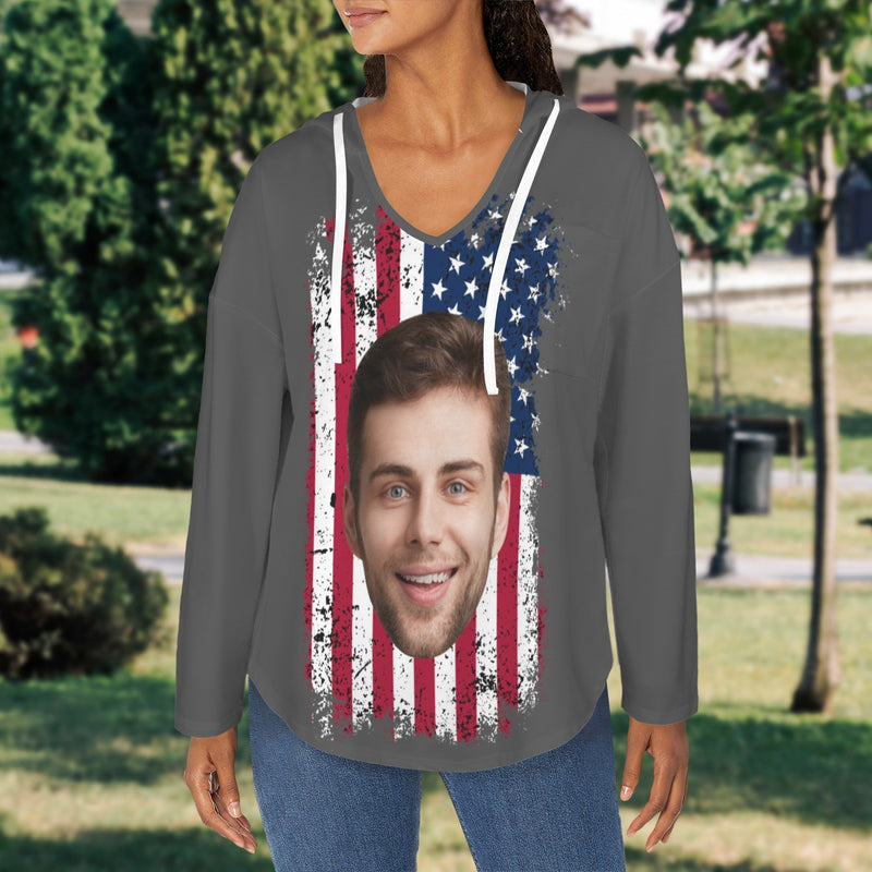 Custom Women's V Neck Long Sleeve Drawstring Pocket Pullover Hoodies Personalized Face Flag Design V Neck Sweatshirt