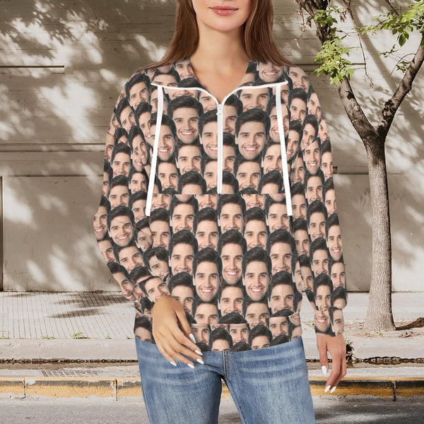 Custom Multi-Face Sweatshirt Hoodie Personalized Face Women's Lapel Half Zip Pullover Drawstring Sweatshirts