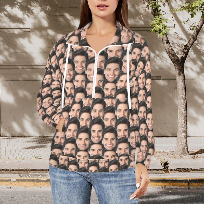 Custom Multi-Face Sweatshirt Hoodie Personalized Face Women's Lapel Half Zip Pullover Drawstring Sweatshirts