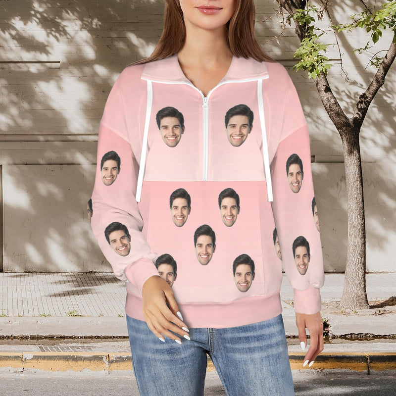 Custom Face Pink Sweatshirt Hoodie Personalized Face Women's Lapel Half Zip Pullover Drawstring Sweatshirts