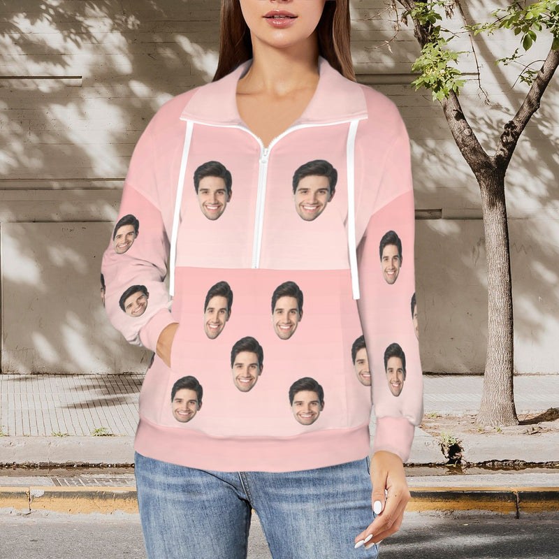 Custom Face Pink Sweatshirt Hoodie Personalized Face Women's Lapel Half Zip Pullover Drawstring Sweatshirts