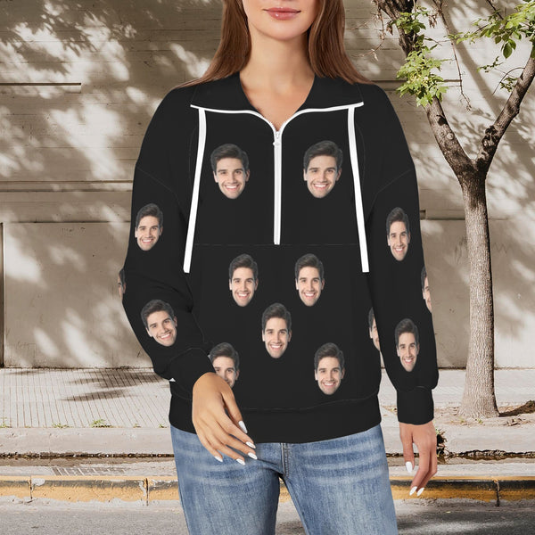 Custom Face Black Sweatshirt Hoodie Personalized Face Women's Lapel Half Zip Pullover Drawstring Sweatshirts