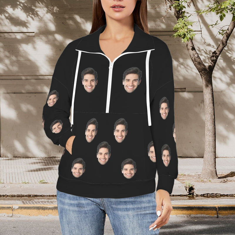 Custom Face Black Sweatshirt Hoodie Personalized Face Women's Lapel Half Zip Pullover Drawstring Sweatshirts