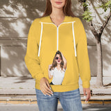 Custom Photo Yellow Sweatshirt Hoodie Personalized Face Women's Lapel Half Zip Pullover Drawstring Sweatshirts