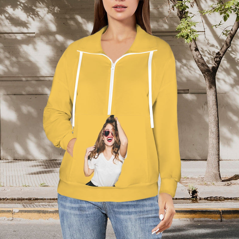 Custom Photo Yellow Sweatshirt Hoodie Personalized Face Women's Lapel Half Zip Pullover Drawstring Sweatshirts