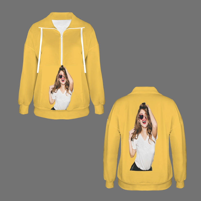 Custom Photo Yellow Sweatshirt Hoodie Personalized Face Women's Lapel Half Zip Pullover Drawstring Sweatshirts