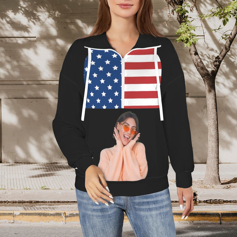 Custom Photo Flag Sweatshirt Hoodie Personalized Face Women's Lapel Half Zip Pullover Drawstring Sweatshirts