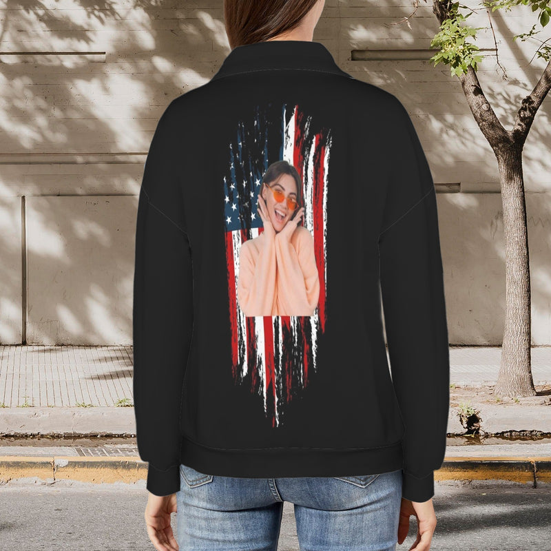 Custom Photo Flag Sweatshirt Hoodie Personalized Face Women's Lapel Half Zip Pullover Drawstring Sweatshirts