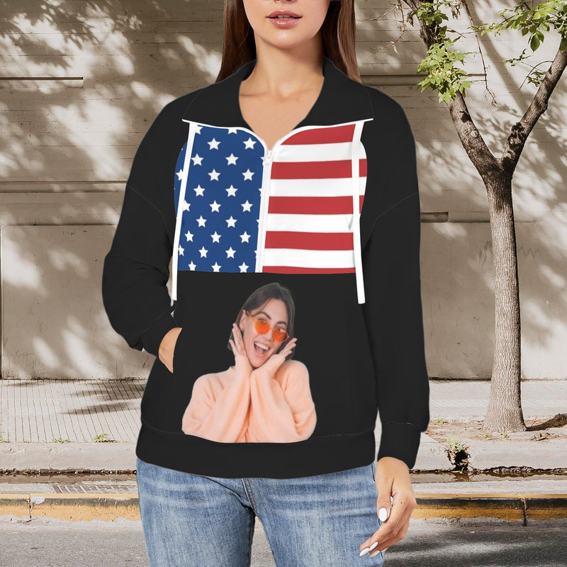 Custom Photo Flag Sweatshirt Hoodie Personalized Face Women's Lapel Half Zip Pullover Drawstring Sweatshirts