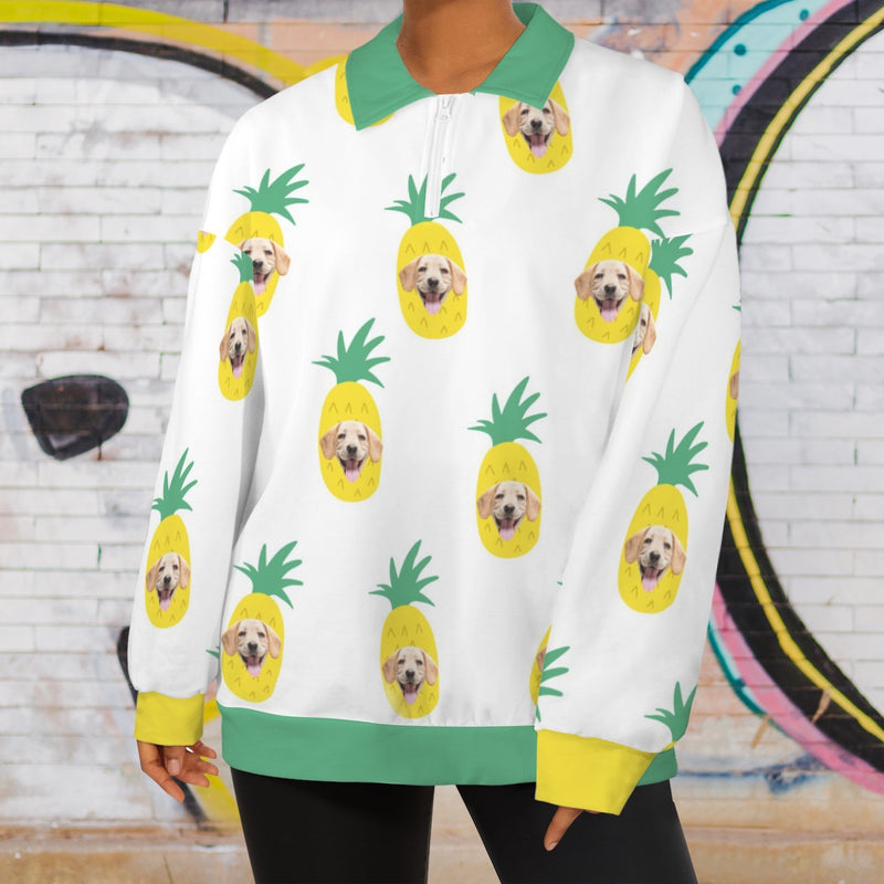 Custom Face Women's Hoodie Personalized Pineapple Half Zip Pullover Sweatshirt