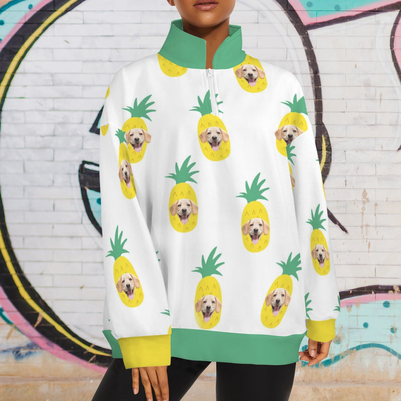 Custom Face Women's Hoodie Personalized Pineapple Half Zip Pullover Sweatshirt