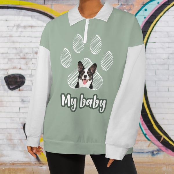 Custom Face Women's Hoodie Personalized Dog Face&Paw Half Zip Pullover Sweatshirt