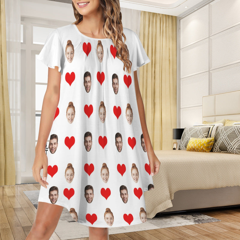 Custom Women's Flared Sleeves Pleated Pocket Nightdress Personalized Red Heart Face Nigntgown Pajamas