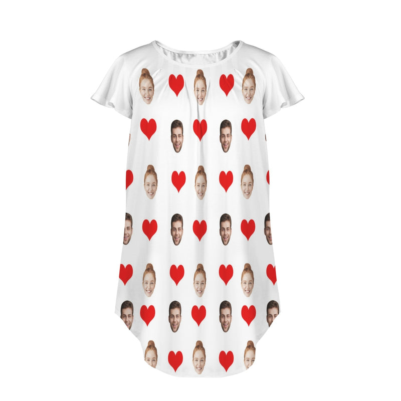 Custom Women's Flared Sleeves Pleated Pocket Nightdress Personalized Red Heart Face Nigntgown Pajamas