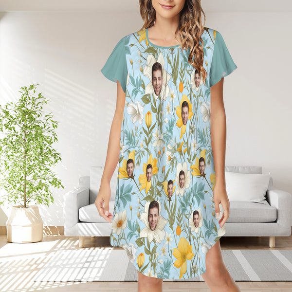 Custom Women's Flared Sleeves Pleated Pocket Nightdress Personalized Photo Yellow Flowers Blue Nigntgown Pajamas