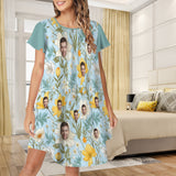 Custom Women's Flared Sleeves Pleated Pocket Nightdress Personalized Photo Yellow Flowers Blue Nigntgown Pajamas