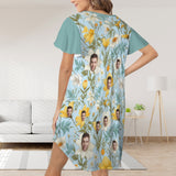 Custom Women's Flared Sleeves Pleated Pocket Nightdress Personalized Photo Yellow Flowers Blue Nigntgown Pajamas